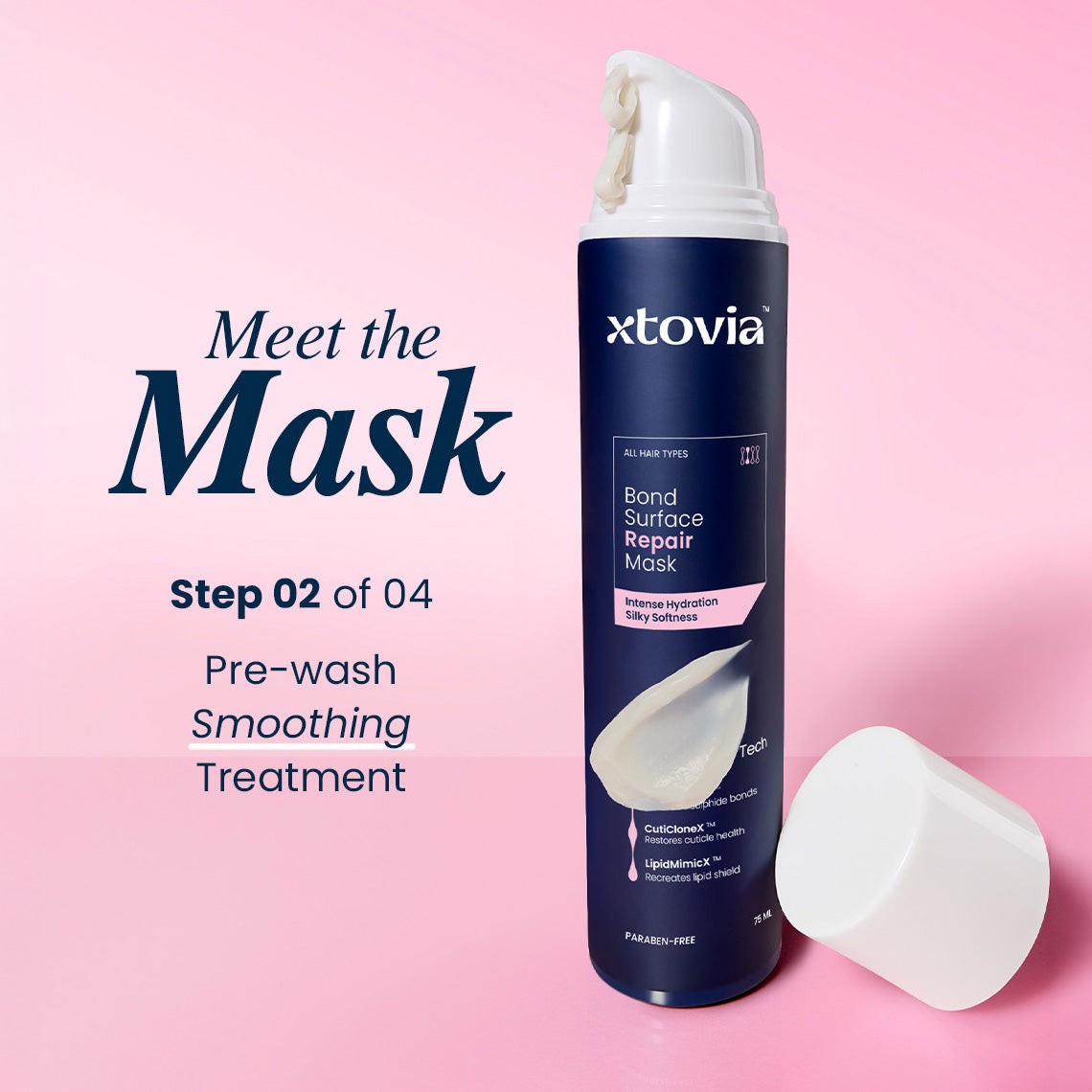Xtovia Bond Surface Repair Mask bottle on a pink background