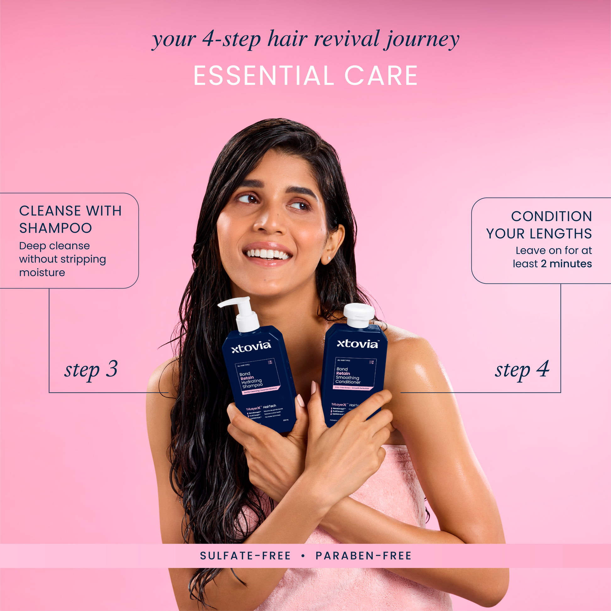 Woman holding the Essential Care part of The Ultimate Hair Revival Kit, which consists of Bond Retain Hydrating Shampoo and Bond Retain Smoothing Conditioner. The image shows step-by-step instructions on a pink background.