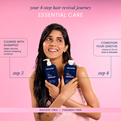 Woman holding the Essential Care part of The Ultimate Hair Revival Kit, which consists of Bond Retain Hydrating Shampoo and Bond Retain Smoothing Conditioner. The image shows step-by-step instructions on a pink background.