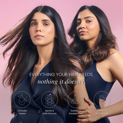 Two women with long and beautiful hair, on a pink background with text about hair care product features - Clinically Tested, Gentle & Safe Formula, Sulfates & Paraben Free, and Alcohol & Mineral Free