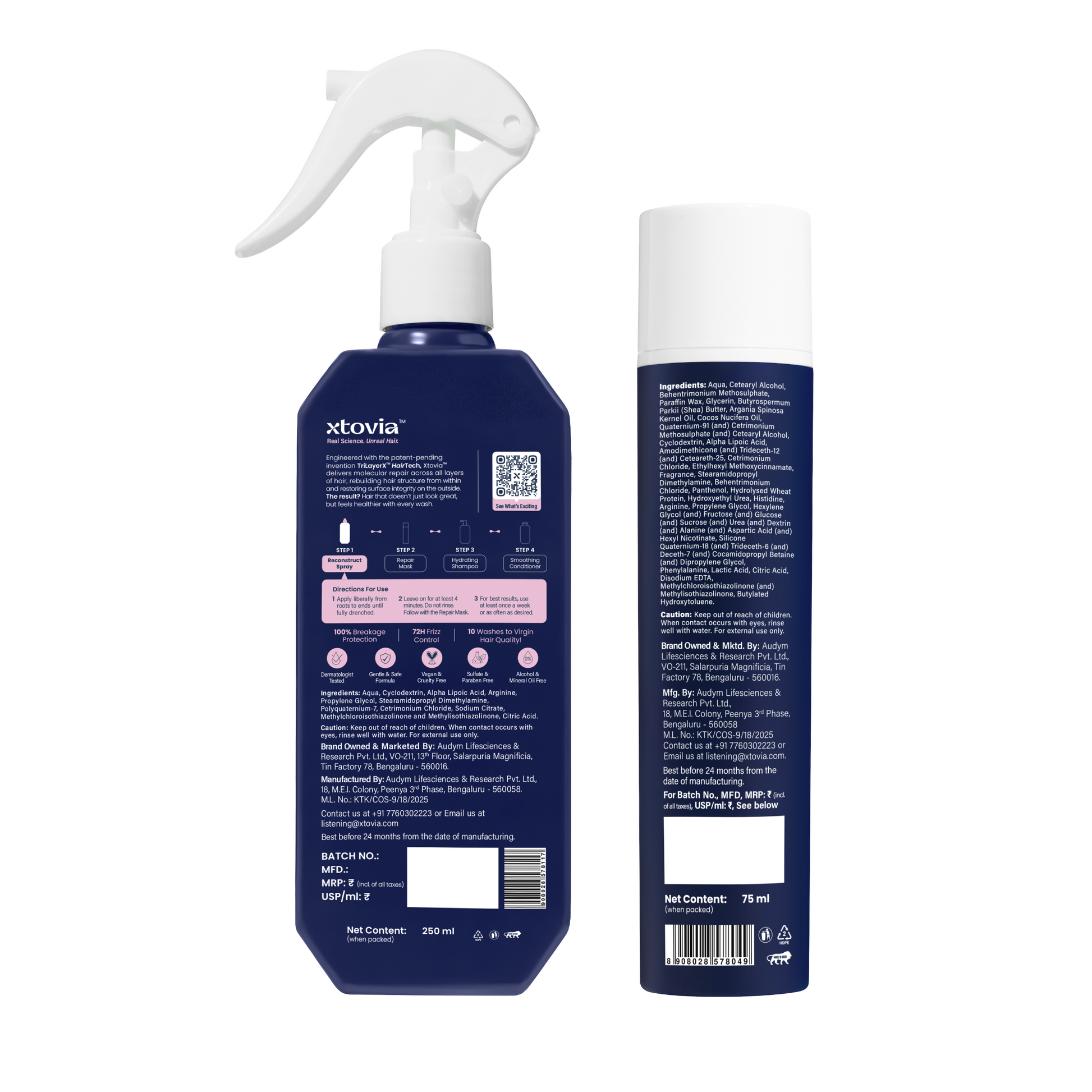 Xtovia Bond Surface Repair Mask and Xtovia Bond Molecular Reconstruct Spray - BACK OF PACK - Ingredients list