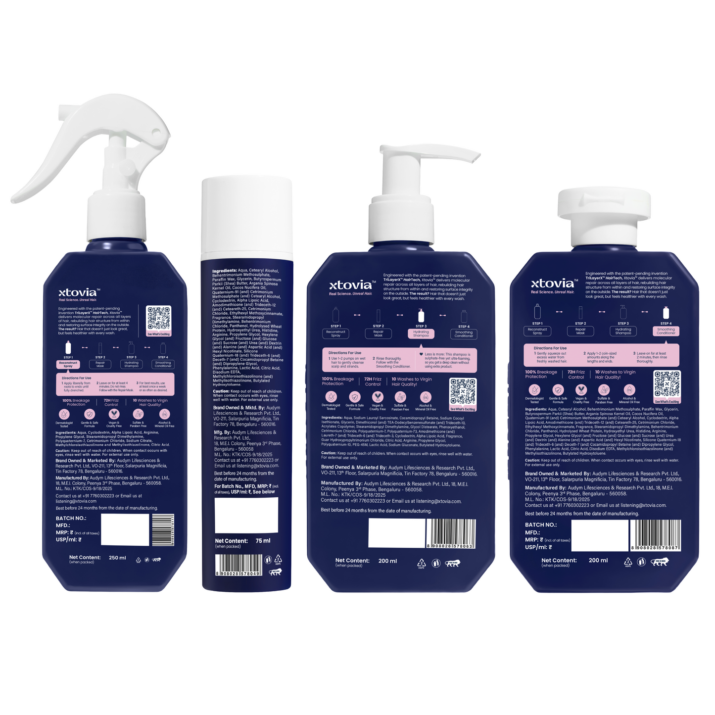 Xtovia's Ultimate Hair Revival Kit's bottles with back labels on a white background