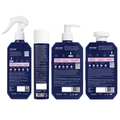 Xtovia's Ultimate Hair Revival Kit's bottles with back labels on a white background